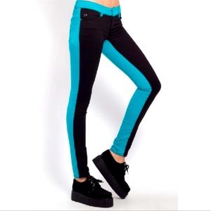 Nyc Tripp Split Personality Pants Black Teal Women Skinny Scene Goth Edgy 27
